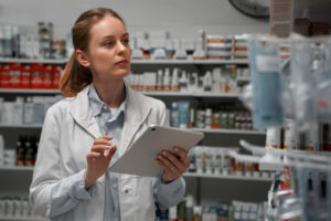 Female pharmacist checking acid reflux stock